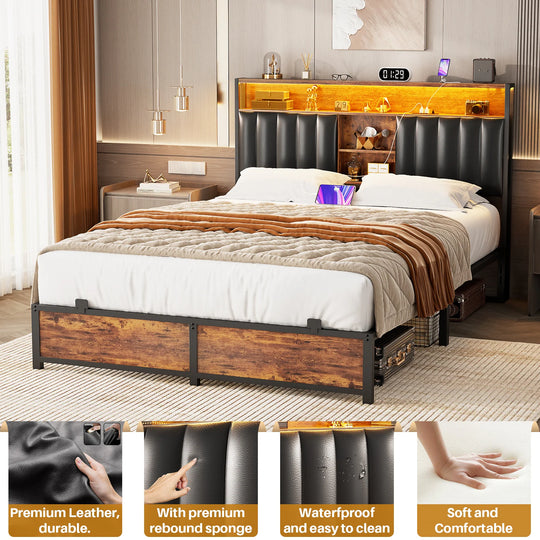 Upholstered Bed Frame with Storage Shelving, Platform Beds with Charge Station and LED Lights