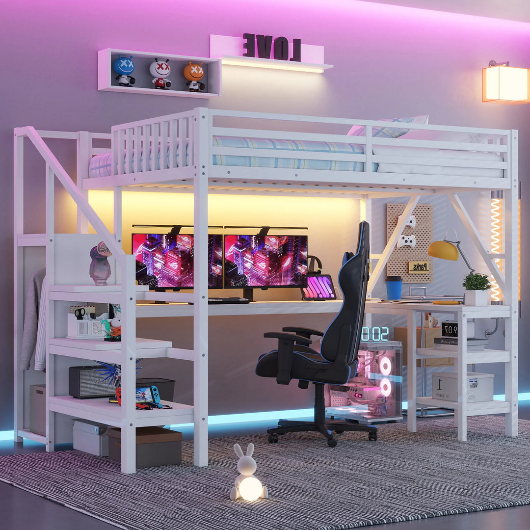 Metal Full Loft Bed with Wardrobe and LED Light, Full Size Loft Bed with L Shaped Desk and USB for Kids Teens Adults