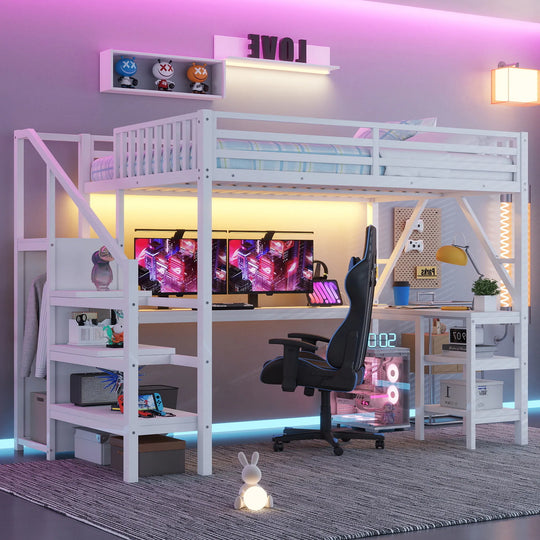 Metal Full Loft Bed with Wardrobe and LED Light, Full Size Loft Bed with L Shaped Desk and USB for Kids Teens Adults