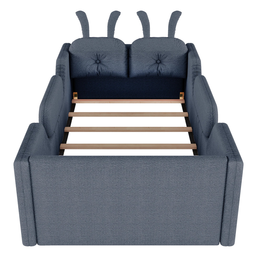 Twin Size Upholstered Platform Bed with Rabbit Cushion, Floor Upholstered Bed with Removable Side Rails