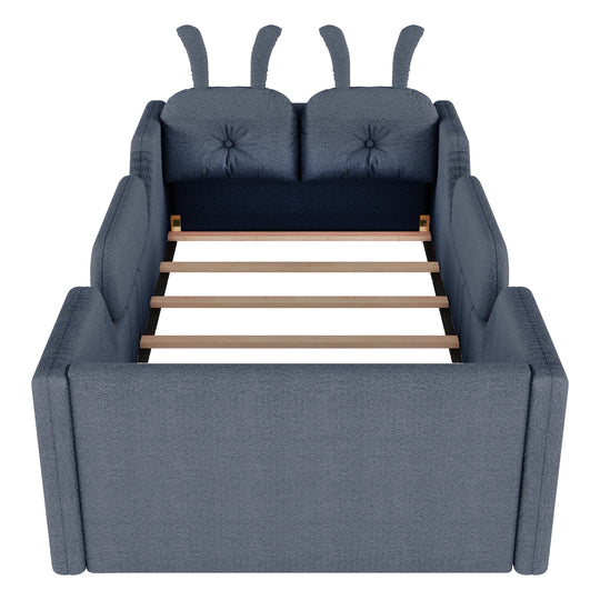 Twin Size Upholstered Platform Bed with Rabbit Cushion, Floor Upholstered Bed with Removable Side Rails