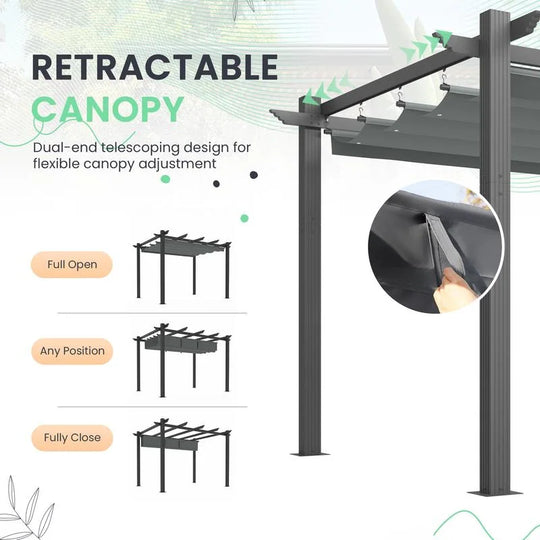 10' X 13' Outdoor Pergola with Retractable Canopy, Heavy-Duty Metal Frame and Adjustable Patio Shade Roof