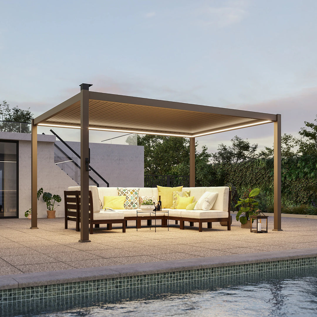 Outdoor Metal Solar LED Louvered Pergola with Adjustable Roof