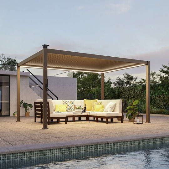 Outdoor Metal Solar LED Louvered Pergola with Adjustable Roof