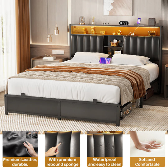 Upholstered Bed Frame with Storage Shelving, Platform Beds with Charge Station and LED Lights