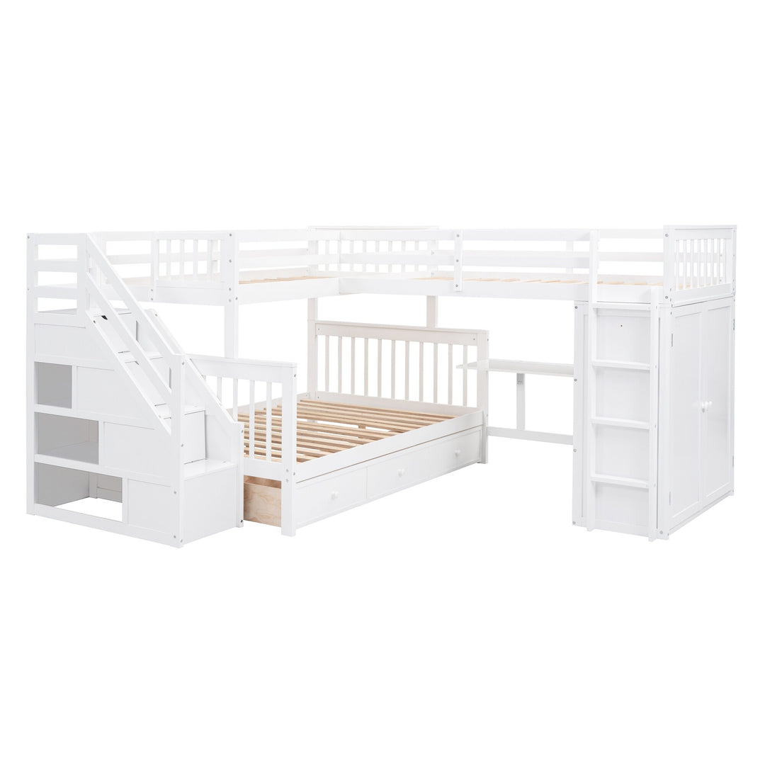 L-Shaped Bunk Bed with Three Drawers, Portable Desk and Wardrobe, Twin-Twin over Full Design