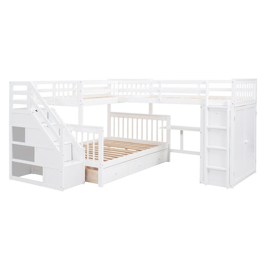 L-Shaped Bunk Bed with Three Drawers, Portable Desk and Wardrobe, Twin-Twin over Full Design