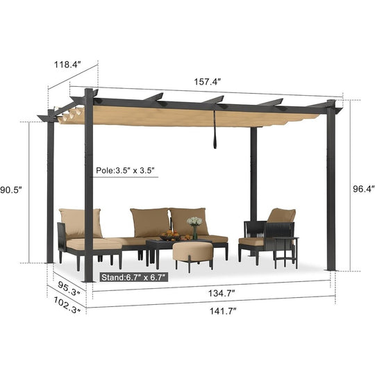 Gazebo Outdoor Retractable White Heavy-Duty Aluminum Pergola with Extra Top Roof