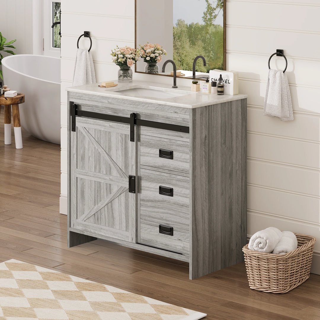 Farmhouse Bathroom Vanity with Ceramic Top and Sliding Barn Door Sink Cabinet, Rustic Single Sink Vanity