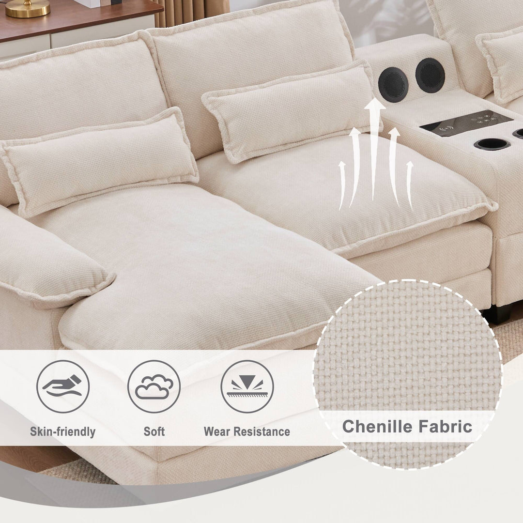 6-Seat Chenille Upholstered Modern U-Shaped Sectional Multifunctional Sofa with 2 Cup Holders,Pull-Out Storage Space