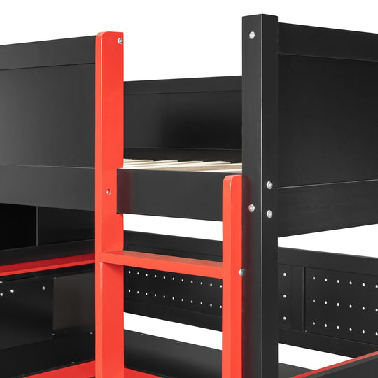 Full Size Wooden Gaming Loft Bed with Storage Stairs, Desk, Shelves and Pegboard