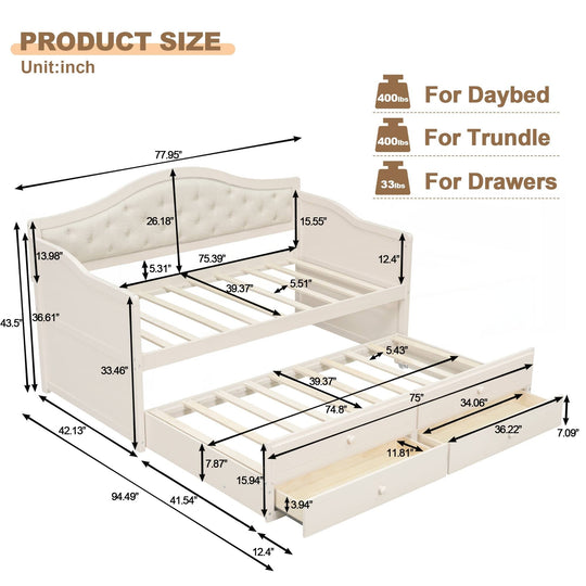 Twin Daybed with Trundle, Twin Size Daybed with 2 Storage Drawers, Wooden Sofa Bed with Upholstered Button Tufted Backrest