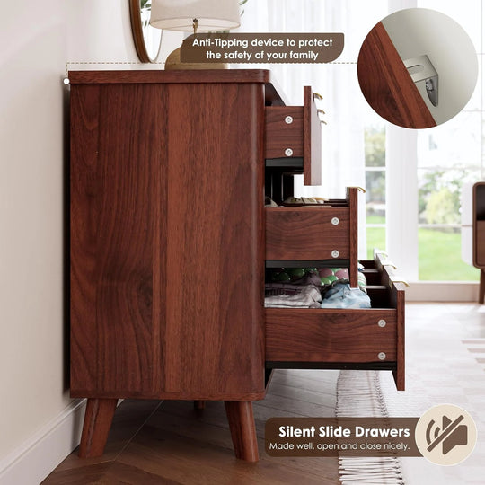 Fluted 9-Drawer Dresser, 60.6" Wide Modern Wooden Chest with Curved Design, Dresser TV Stand for Living Room, Walnut