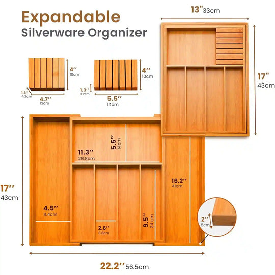 Utensil Organizer - Bamboo Expandable Silverware Organizer, Utensil Holder & Cutlery Tray with Divider and Removable Knife Block