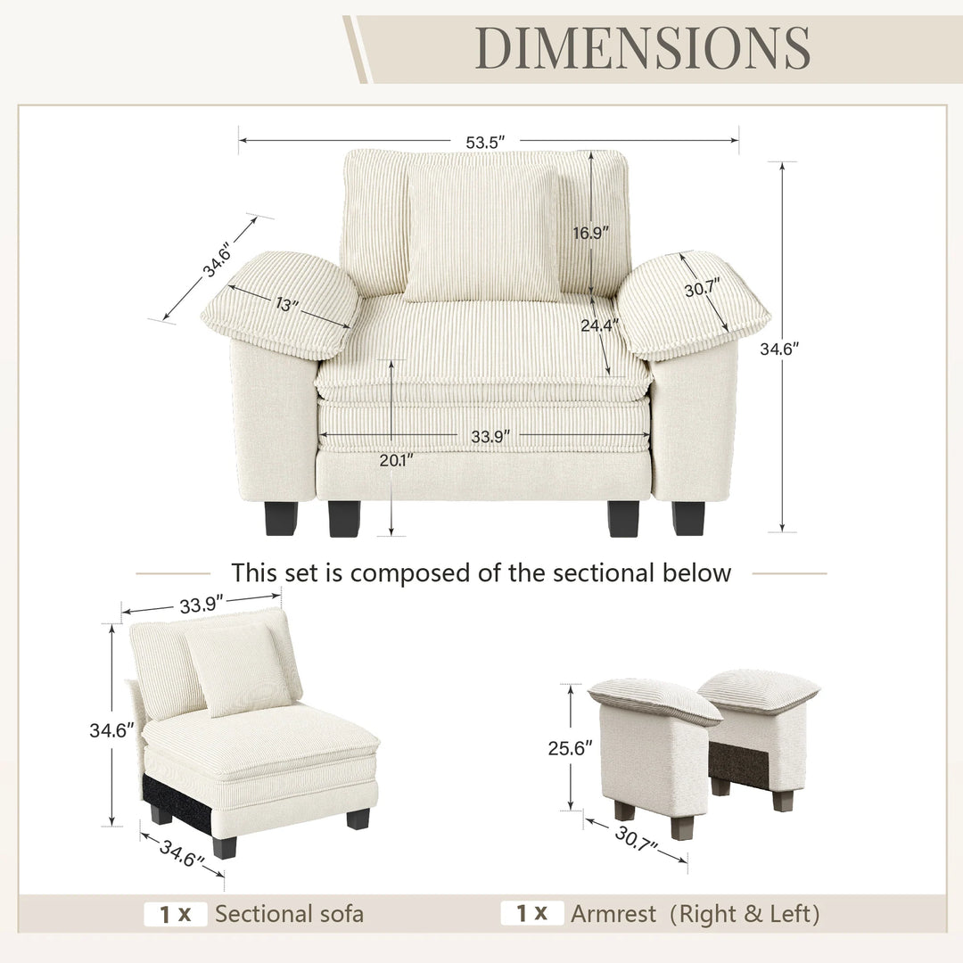 Cloud Modular Deep Seat Sofa, Chenille or Corduroy Sectional Couch with Removable Arms, 1–4 Seater