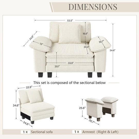 Cloud Modular Deep Seat Sofa, Chenille or Corduroy Sectional Couch with Removable Arms, 1–4 Seater