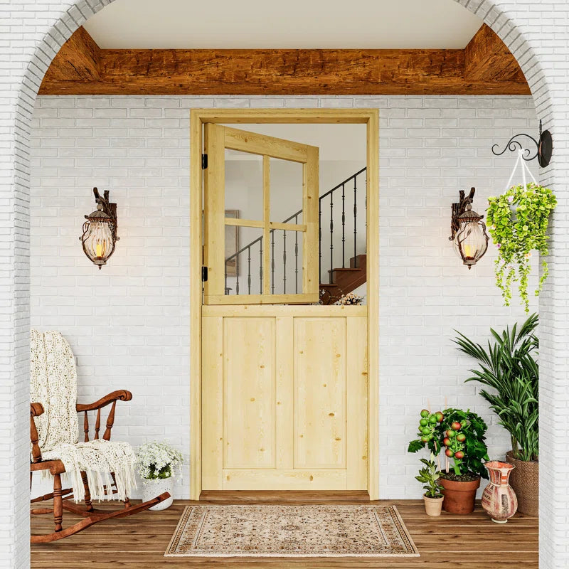 Dutch Door, Pine Solid Wood, 4-Lite Half Clear Glass 2-Panel Door Slab