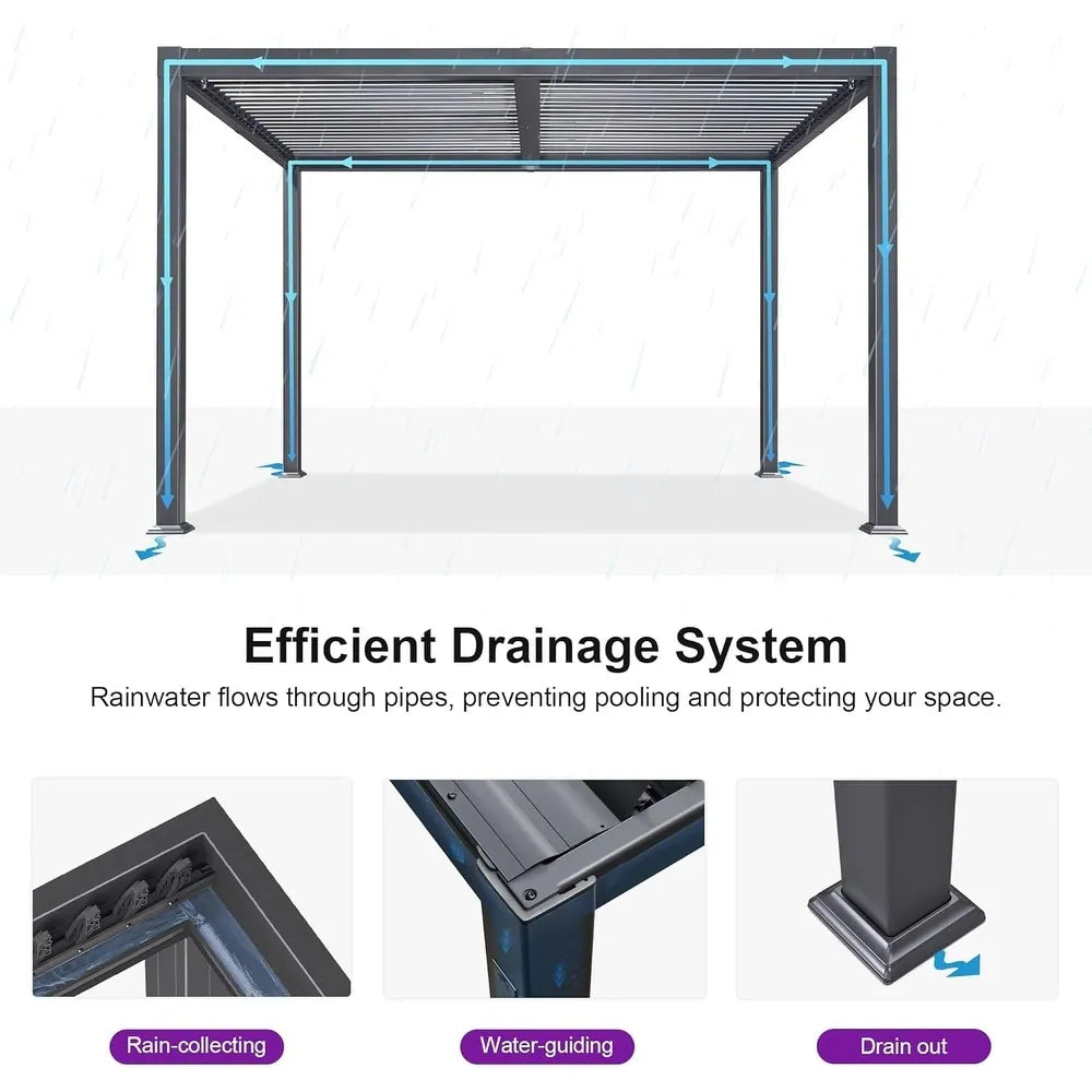 Solar Louvered Pergola with LED String Lights Aluminum Outdoor Pergola with Adjustable Roof for Patio Garden