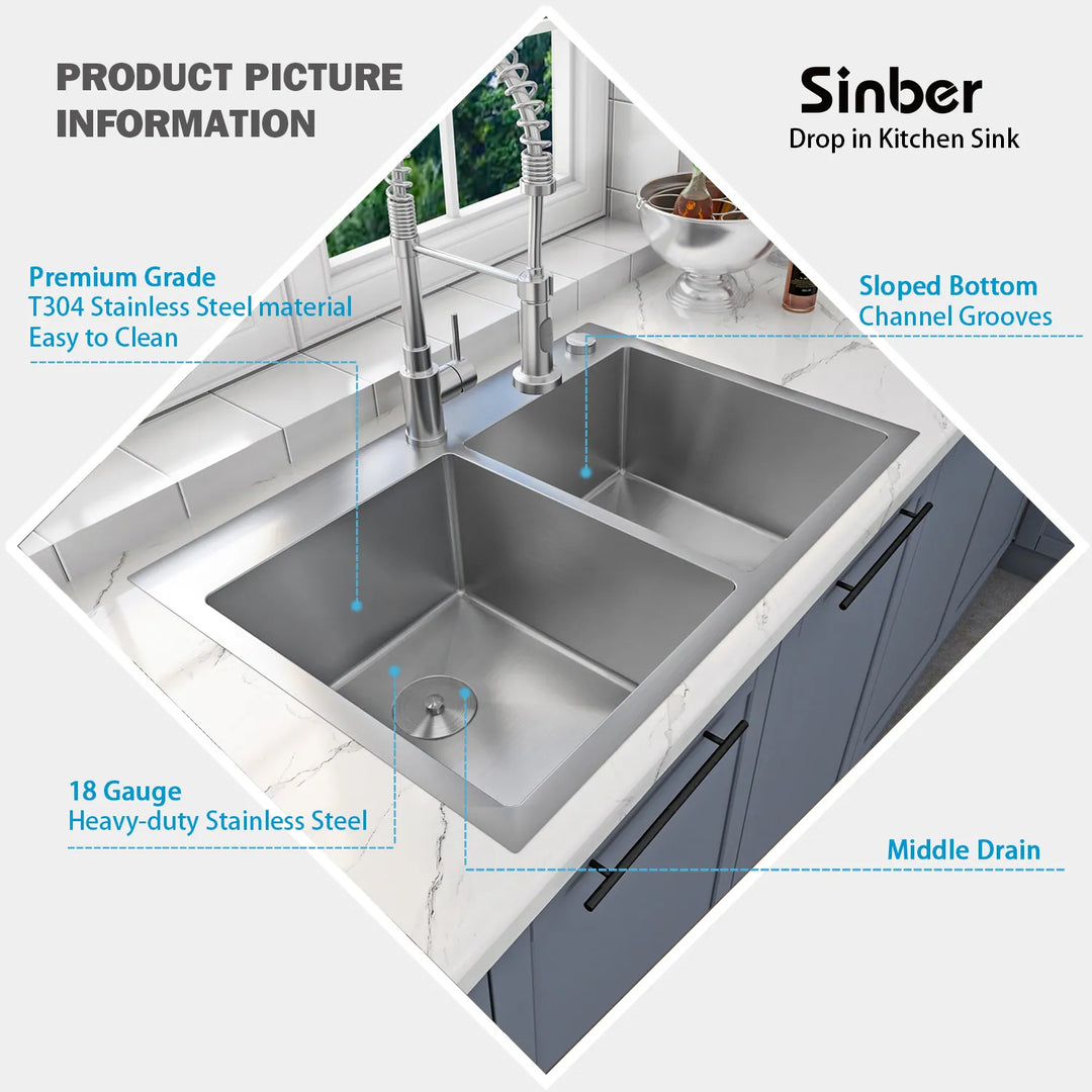 Drop in Double Bowl 304 Stainless Steel Kitchen Sink