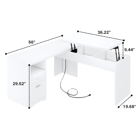 Modern Farmhouse Lift Top L-Shaped Desk with Charge Station, Corner Desk with File Drawers for Home Office