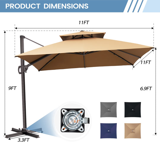11 X 11 FT Outdoor Square Patio Cantilever Offset Umbrella with Crank and 360 Degrees Rotation
