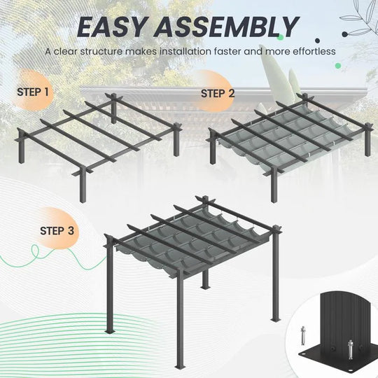 10' X 13' Outdoor Pergola with Retractable Canopy, Heavy-Duty Metal Frame and Adjustable Patio Shade Roof