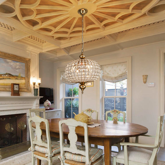 Retro French 4/5-Light Antique Brass Globe Crystal Chandelier for Living/Dining Room