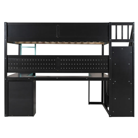 Full Size Wooden Gaming Loft Bed with Storage Stairs, Desk, Shelves and Pegboard