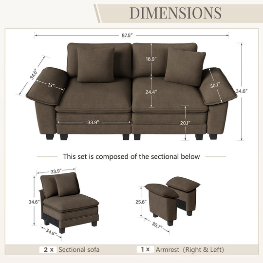 Cloud Modular Deep Seat Sofa, Chenille or Corduroy Sectional Couch with Removable Arms, 1–4 Seater