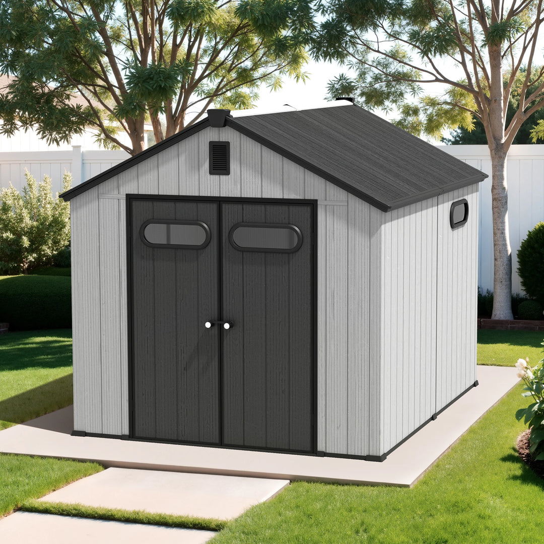 8X8/8X10/8X12 FT All-Weather Outdoor Resin Lockable Storage Shed with Windows Floor for Patio Furniture and Tools