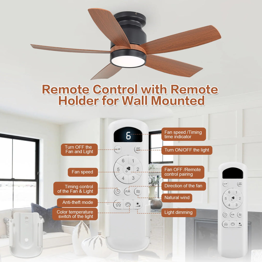 Sofucor 42"/48"/ 52"/60"Noiseless Walnut Wood Ceiling Fan with Remote Control, Integrated Light Optional