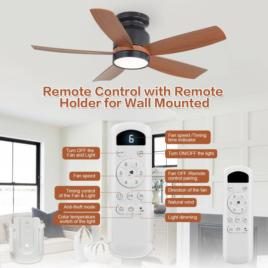 Sofucor 42"/48"/ 52"/60"Noiseless Walnut Wood Ceiling Fan with Remote Control, Integrated Light Optional