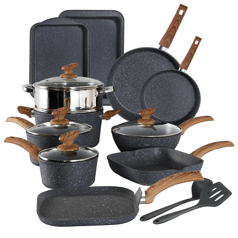 17-Piece Kitchen Granite Cookware Set, Non-Stick Cooking Pots and Pans Set