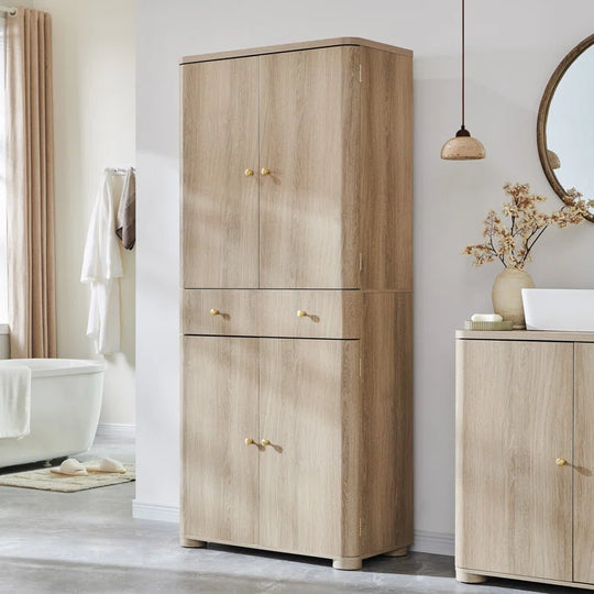 71" Tall Bathroom Storage Cabinet, Modern Curved Bathroom Cabinet with 4 Doors and 6 Adjustable Shelves, Cupboard for Kitchen, Dining Room, Living Room and Bathroom