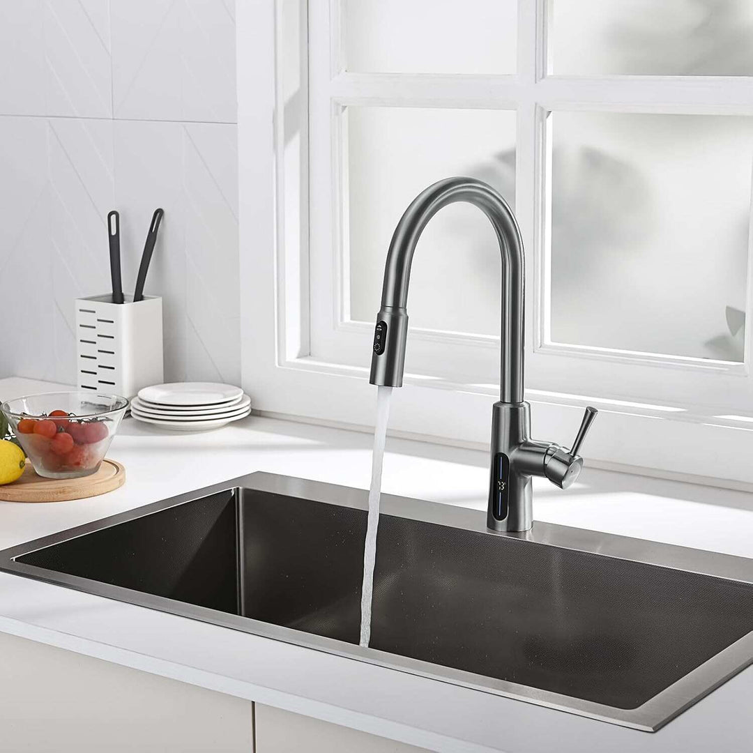 Pull-Down Kitchen Faucet with Temperature Display in Fahrenheit, 3 Water Outlet Modes, Faucet for Kitchen Sink, KF2501