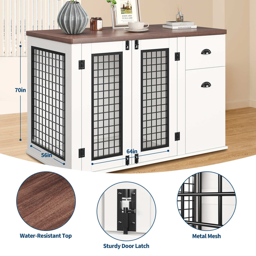 Dog Crate Furniture, with Drawer & Side Cabinet, Pet Kennel for Small to Medium Pet, White