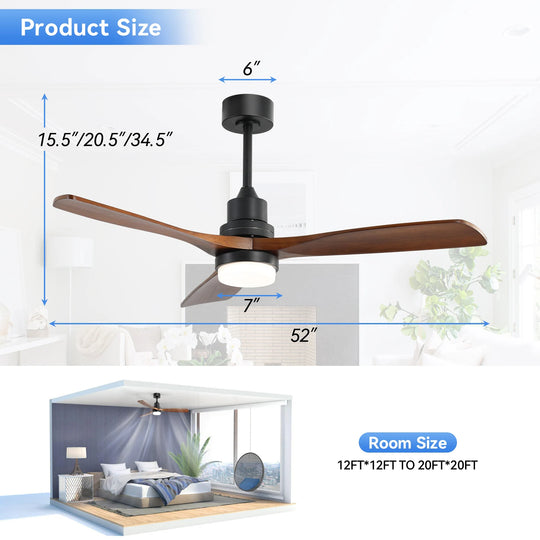 Sofucor 42"/48"/ 52"/60"Noiseless Walnut Wood Ceiling Fan with Remote Control, Integrated Light Optional