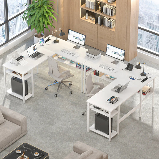 Reversible L Shaped Desk with Storage Shelves, Home Office Corner Desk with Charge Station