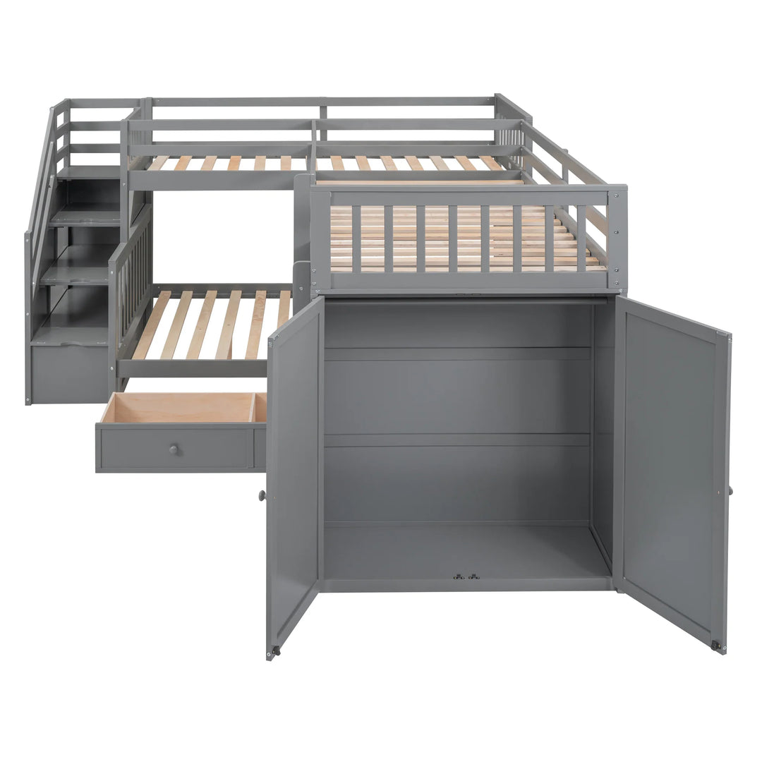 L-Shaped Bunk Bed with Three Drawers, Portable Desk and Wardrobe, Twin-Twin over Full Design