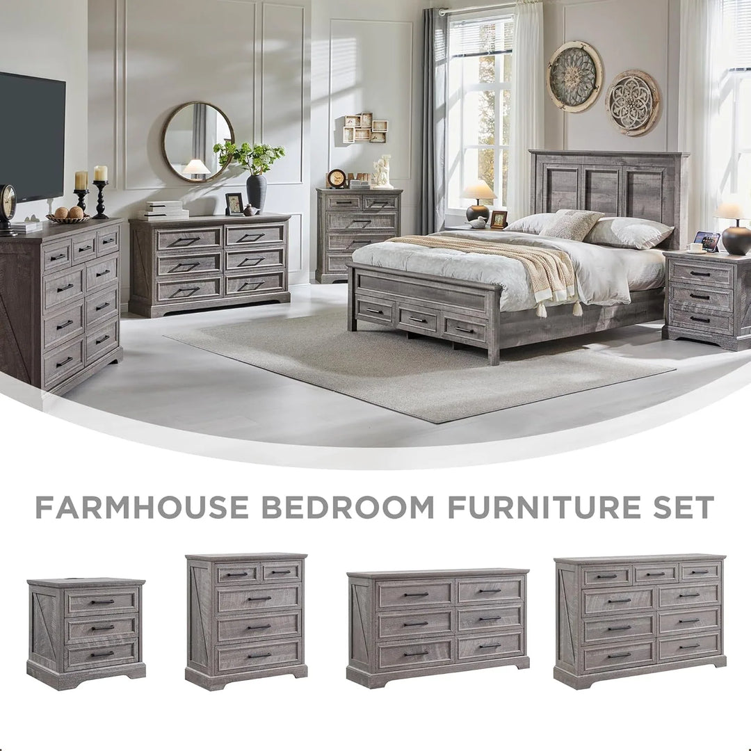 Farmhouse 3-Drawer Nightstand, Wide End Table with Charging Station