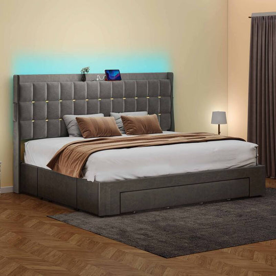 Queen/King Size Velvet Upholstered Bed with Charging Station and Storage Drawers