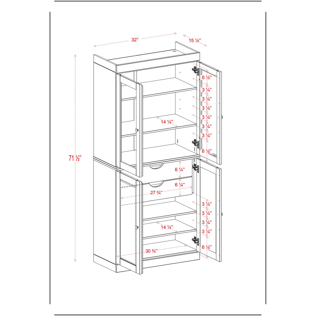 100% Solid Wood Pantry Cabinet, Shaker & Clear Glass Doors, 2 Drawers, Adjustable Shelves, 32" Wide, 71.5" Tall