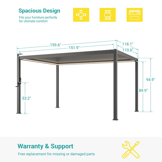 Outdoor Metal Solar LED Louvered Pergola with Adjustable Roof