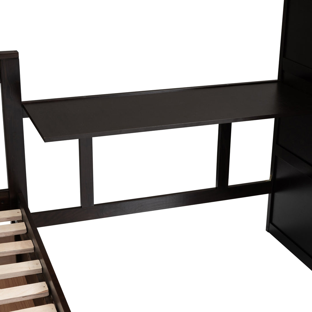 L-Shaped Bunk Bed with Three Drawers, Portable Desk and Wardrobe, Twin-Twin over Full Design