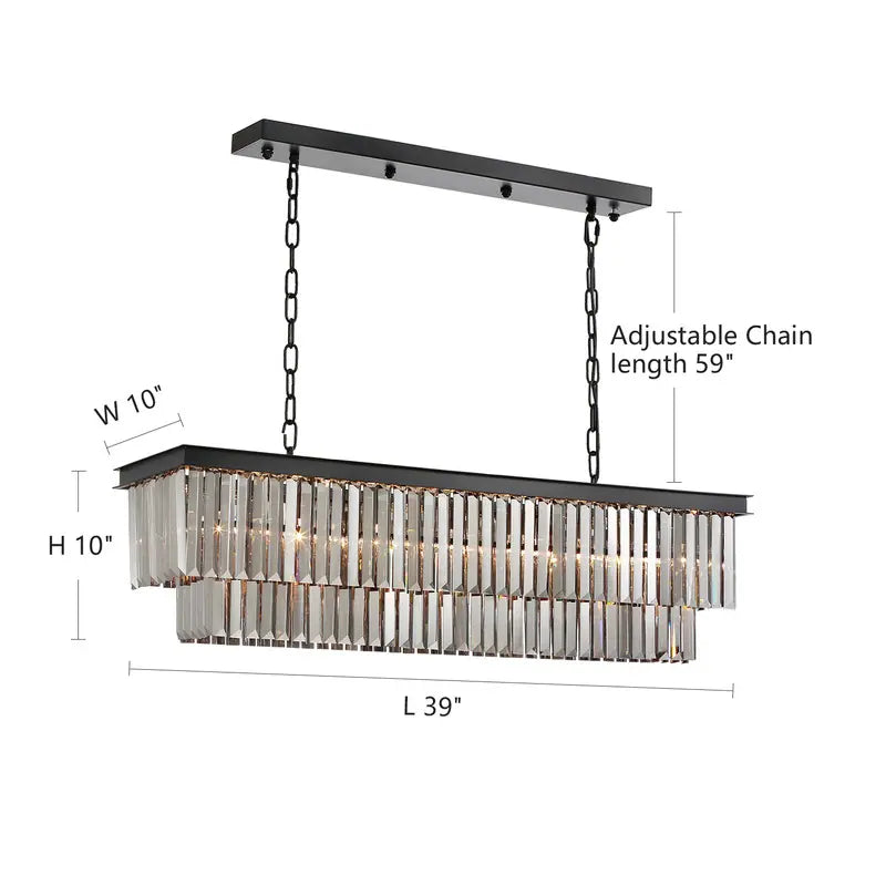 47 In. Smoked Gray and Black Modern Contemporary Crystal Chandelier 2-Tier Linear Kitchen Island Pendant Light for Dining Room