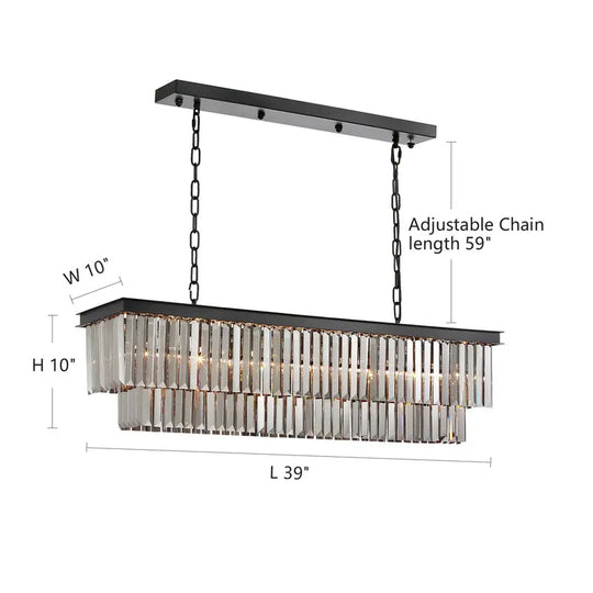 47 In. Smoked Gray and Black Modern Contemporary Crystal Chandelier 2-Tier Linear Kitchen Island Pendant Light for Dining Room