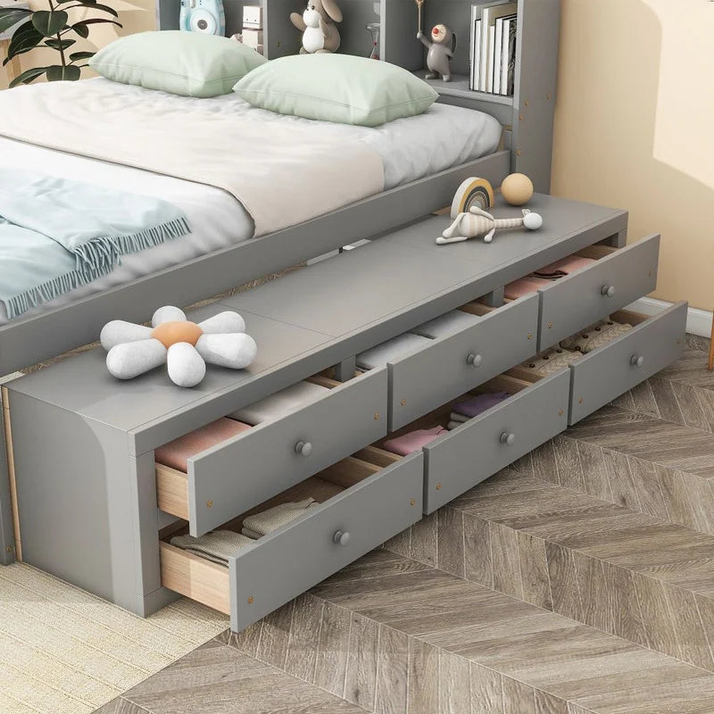 Storage Platform Bed with Bookcase Headboard,Drawers and Bed End Storage Case,Full Size