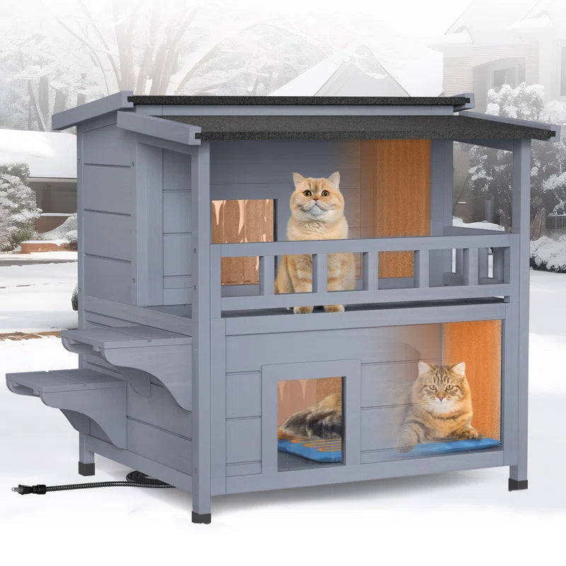 Heated Cat House, 2-Story Insulated Wooden Cat House with Liner, Heated Pad and Escape Door