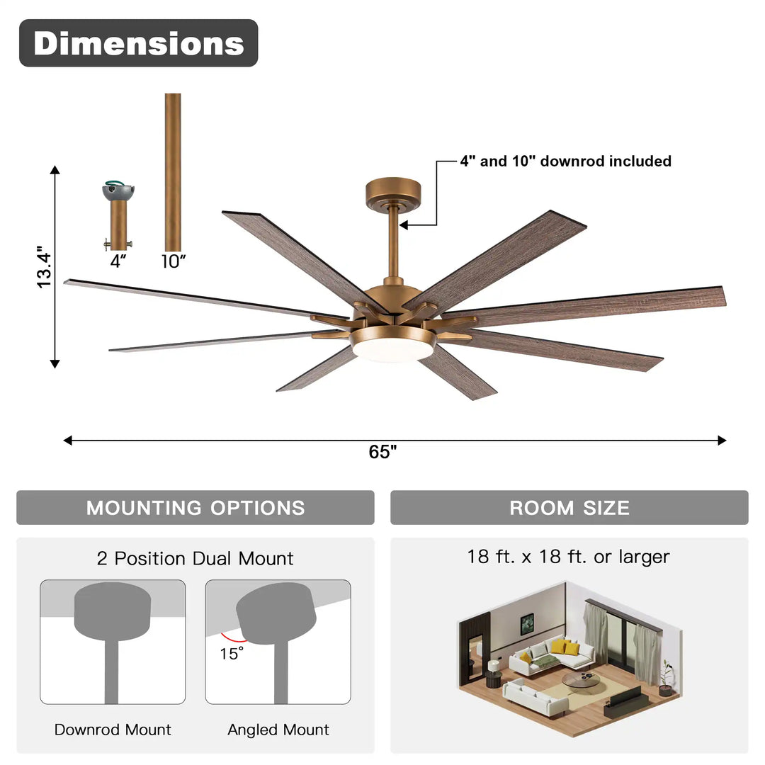 65-Inch Modern Reversible Dimmable Large Ceiling Fan with Light and Remote