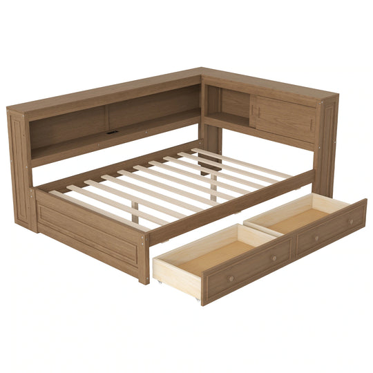 Full Size Wood Daybed with Storage Shelves, USB, LED, and 2 Drawers